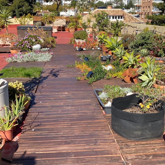 Luxury Benalmádena Apartment: Wooden Deck Terrace Surrounded by a Vibrant Outdoor Garden